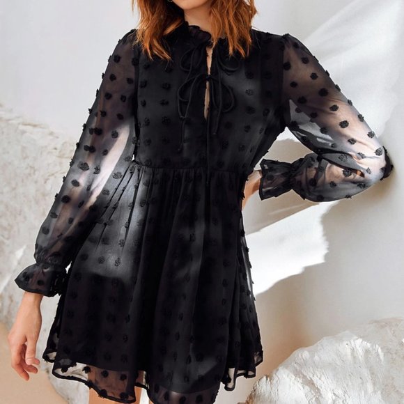 Swiss Dot Knot Front Flounce Sleeve Smock Dress 50% OFF - Picture 1 of 6